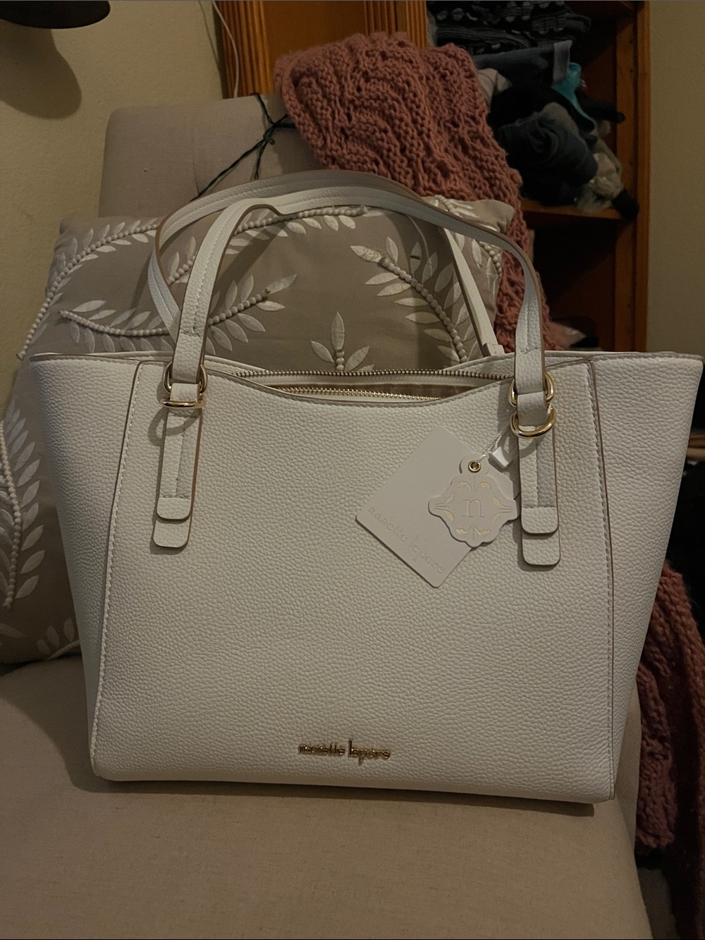 Nanette Lepore White Pebbled Tote with Gold Accents